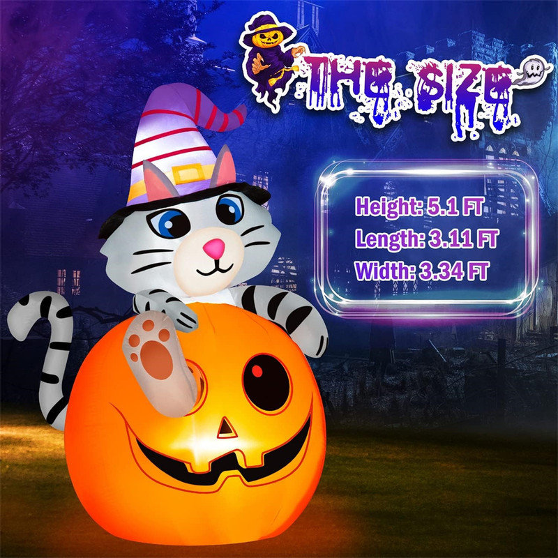 5ft popular Halloween Inflatables Cat in Pumpkin with Wizard Hat